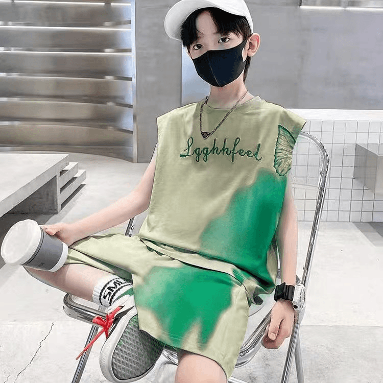 2024男童无袖个性夏季运动套两件套百搭坎肩简日常装刺绣字母扎染