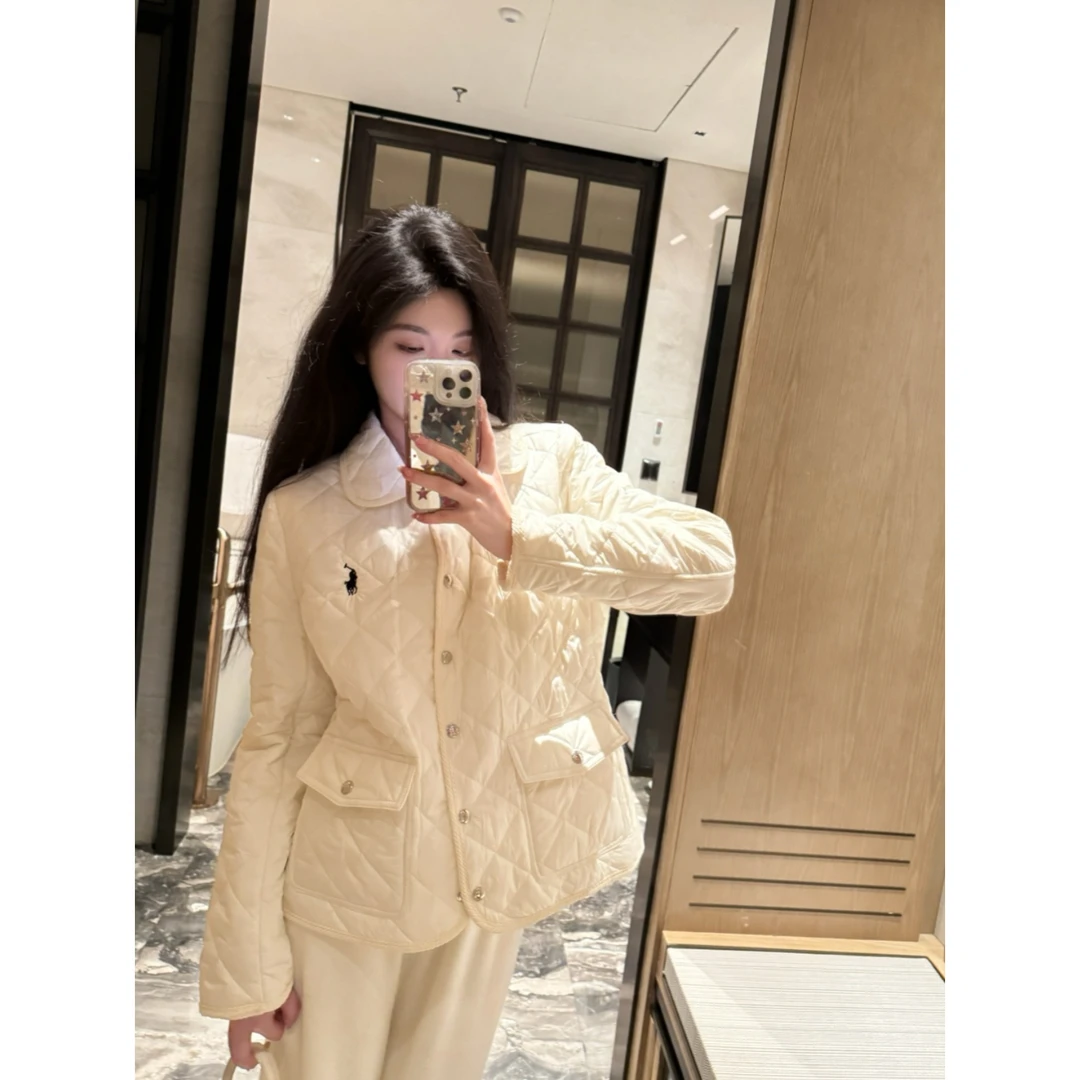 【思琦定制】小马刺绣轻薄菱格翻领棉服外套女秋冬时尚棉衣