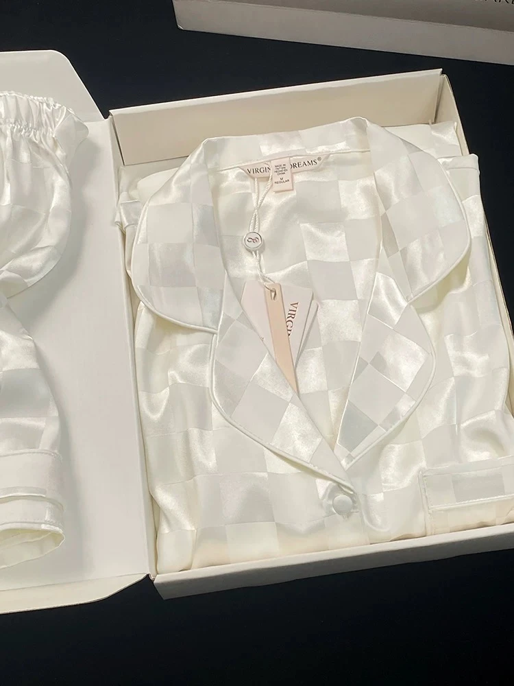 新春棋盘格重磅百分百桑蚕丝长袖长裤套装女款睡衣