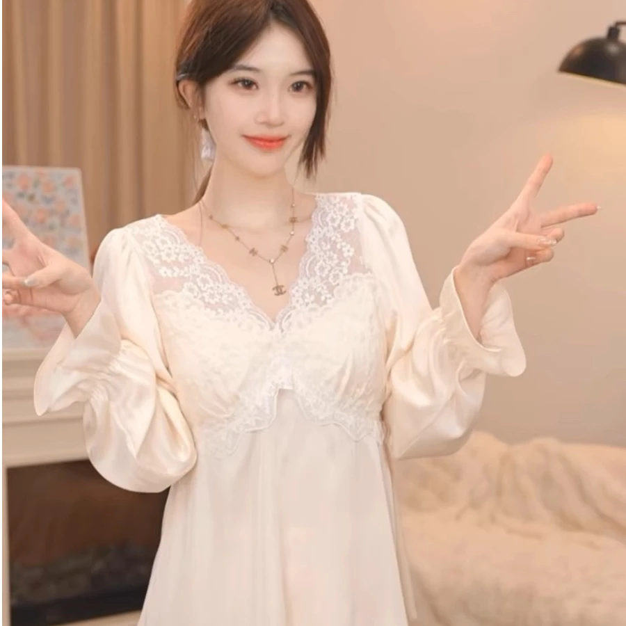 （魅力俏佳人）25新款重磅百分百桑蚕丝带胸垫长袖长裤女款睡衣