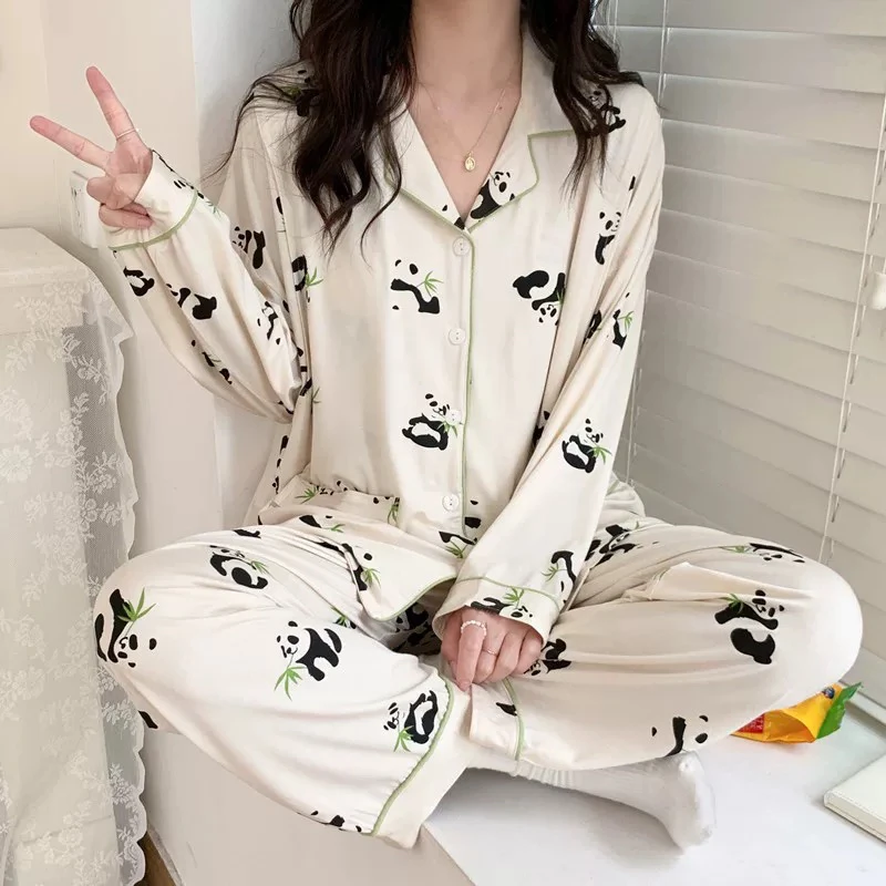 重磅百分百桑蚕丝熊猫印花长袖长裤女款睡衣套装