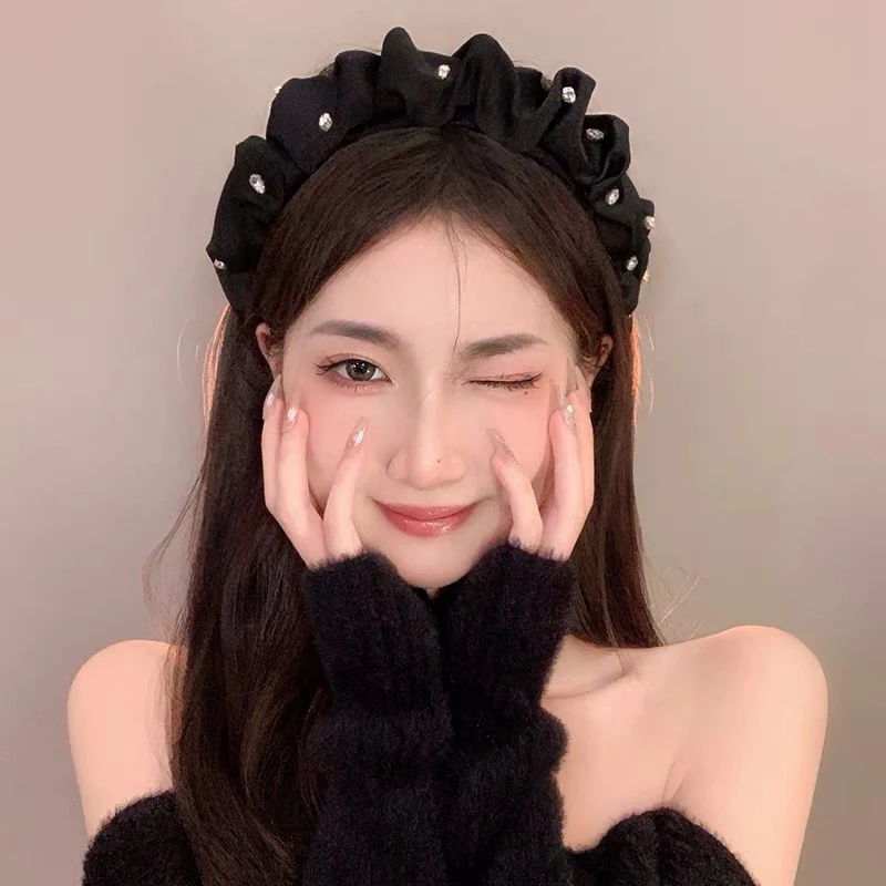 高颅顶黑色褶皱发箍闪闪高级感发卡宽边百搭压发洗脸发带发捆头饰