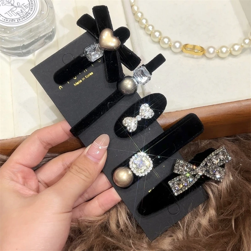 5件套黑色丝绒发夹轻奢风蝴蝶结边夹女网红刘海侧边夹鸭嘴夹时尚