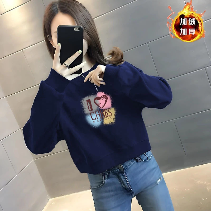 华棉春秋冬高腰新款小个子印花别致洋气加绒加厚外套女士短款卫衣