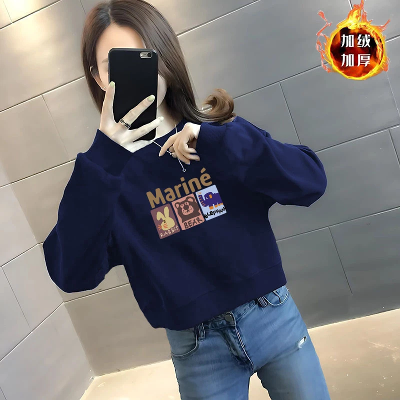 华棉加绒加厚高腰短款卫衣秋冬新款百搭女士长袖圆领套头大码上衣