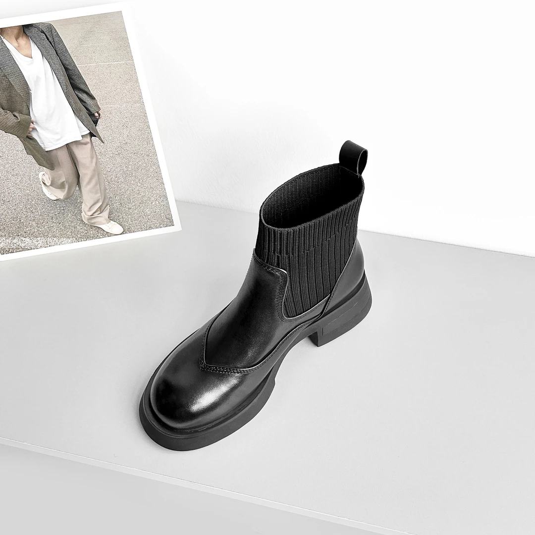 现货】5cm/FA1513牛皮厚底短靴女秋冬显瘦弹力袜靴圆头短筒女靴子