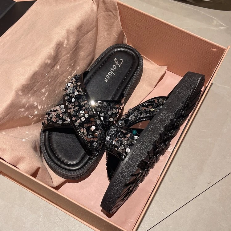 大码女鞋41一43交叉带亮片拖鞋女2024百搭夏季外穿厚底配裙子韩版