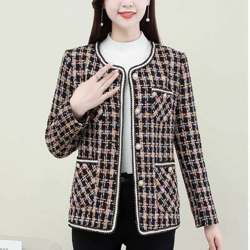 春秋季时尚短款外套百搭小香风外套格纹洋气格子粗花呢时尚妈妈装