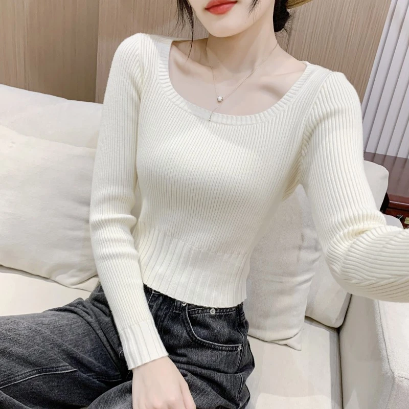 短款方领针织衫女2024春秋新款白色修身内搭打底毛衣黑色长袖上衣