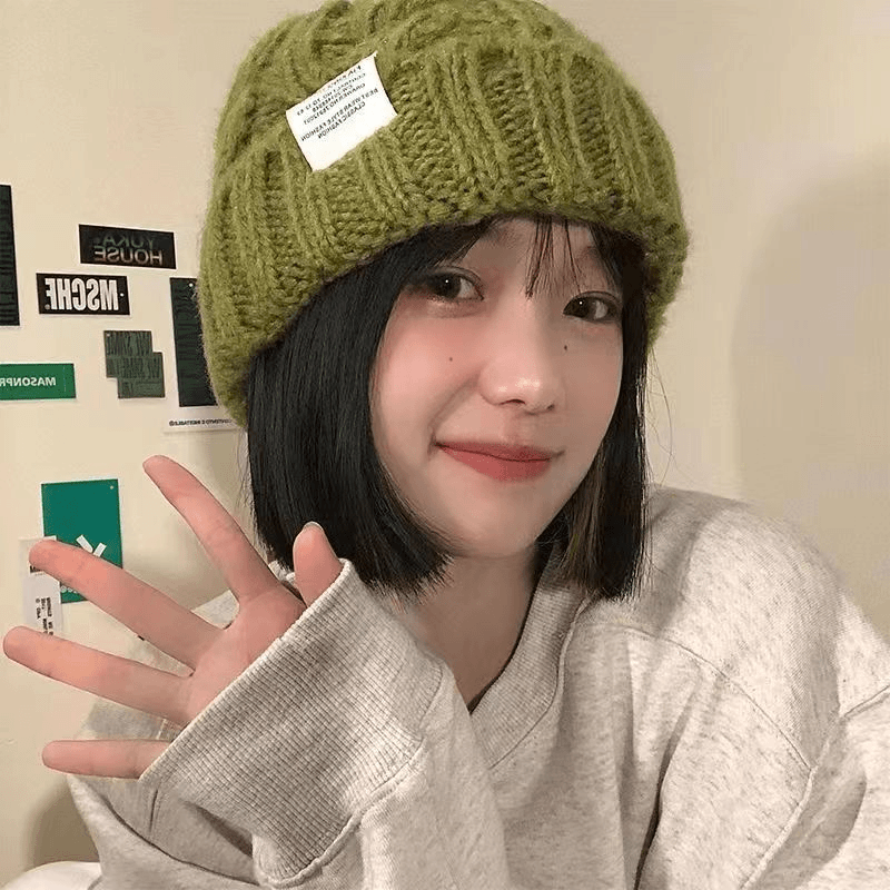 新款帽子女粗针织毛线帽秋冬季百搭大头围绿色宽松新潮显脸小