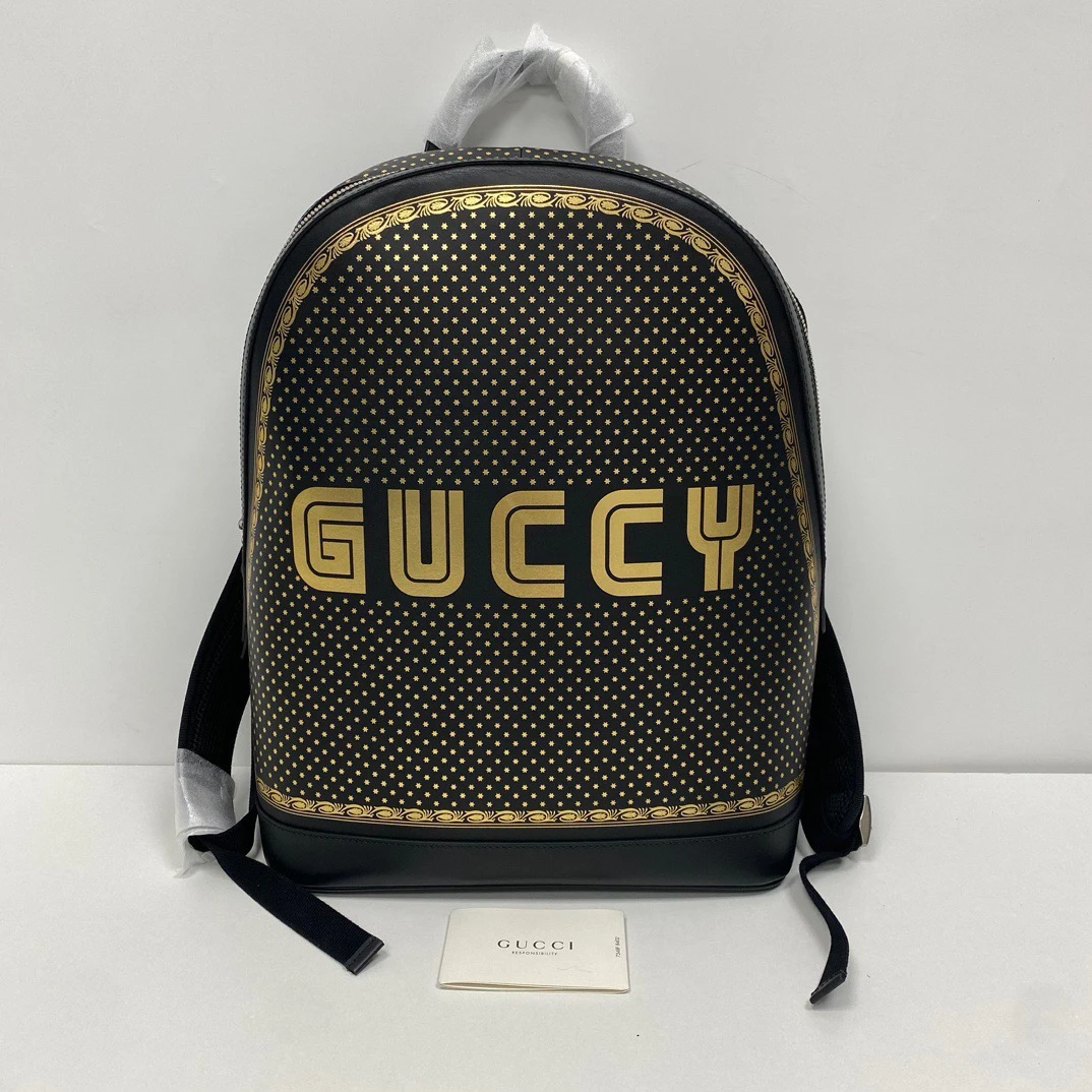全新未使用 GUCCI/古驰 黑色全皮烫金双肩包 尺寸30/40时尚休闲