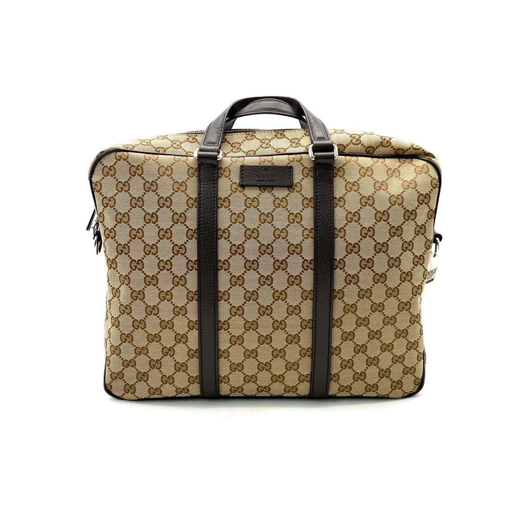 99新 GUCCI/古驰 经典老花手提公文包 无肩带 尺寸36/28棕色男士