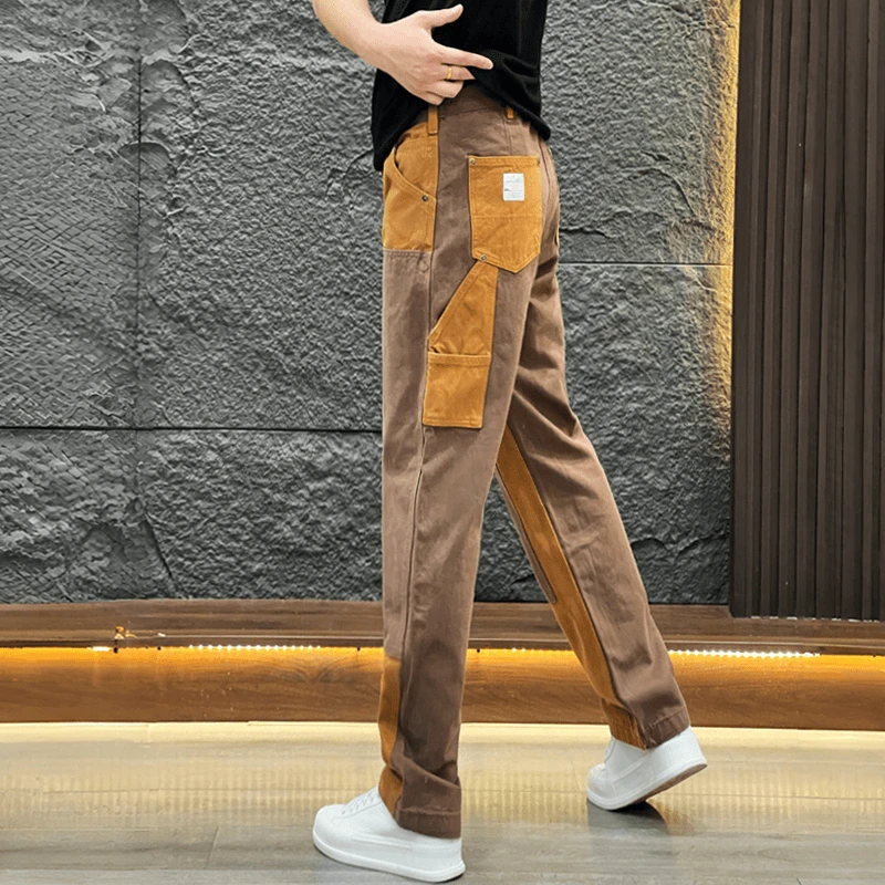 美式潮牌拼接撞色工装裤男秋季时尚百搭直筒裤重磅宽松复古休闲裤