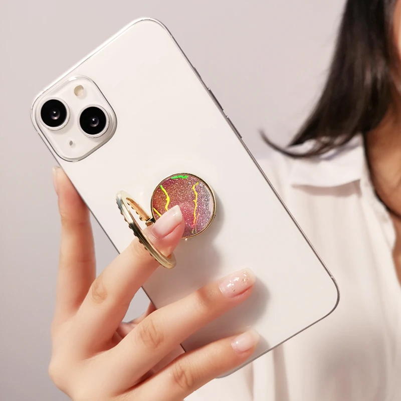 手机扣指环支架手机壳后背支撑架女款时尚闪粉石纹扣环金属拉环贴