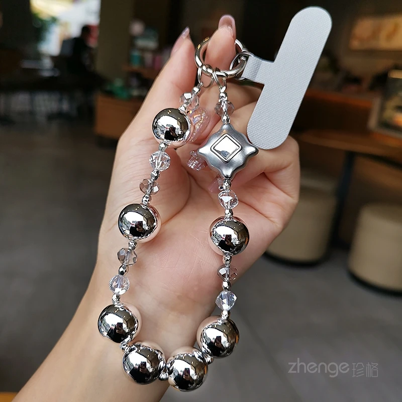 宝石爱心电镀银圆珠手机链女款手机挂绳短款夹片式手机壳通用吊绳