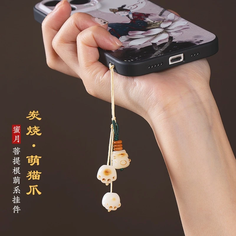 招财猫爪手机挂绳白菩提炭烧吊坠结实耐用挂件精致女可爱手机链饰