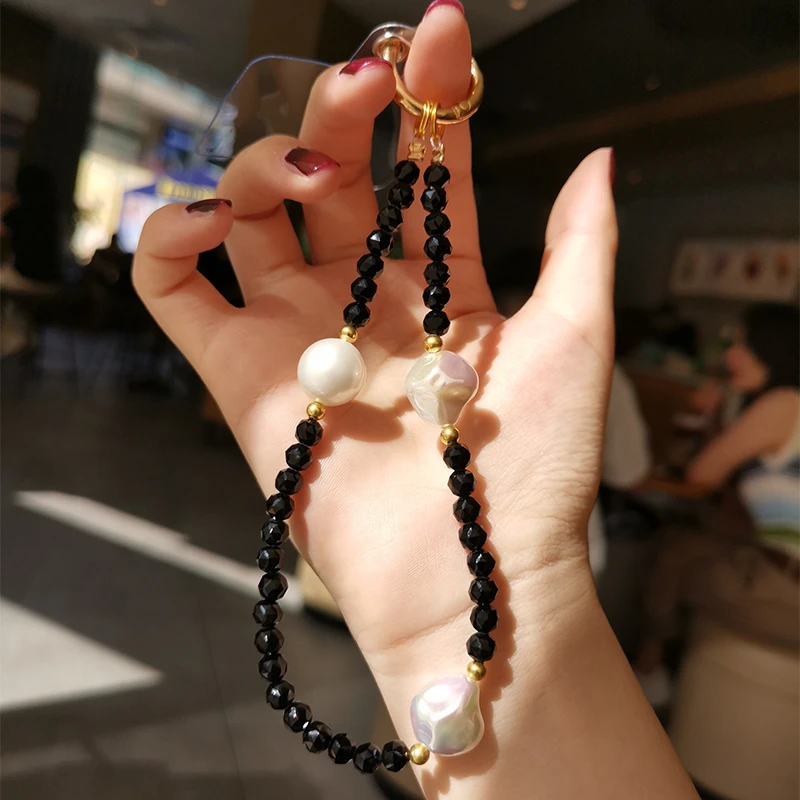 黑色水晶珍珠挂链手机挂绳时尚简约风格手机挂饰可挂手腕日常出行