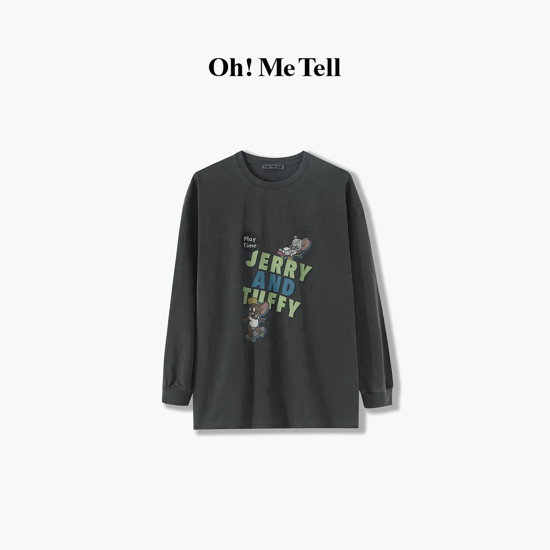 Oh！Me Tell 卡通小老鼠字母印花水洗做旧百搭休闲宽松圆领长袖T恤