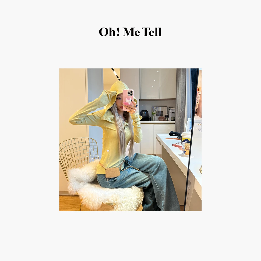 Oh！Me Tell【LC同款】修身显瘦百搭纽扣螺纹长袖连帽T恤打底上衣女