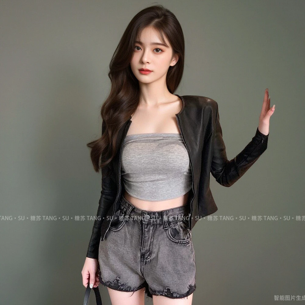 TANGSU糖苏高档软皮机车黑色皮衣外套女早秋季皮夹克短款修身上衣