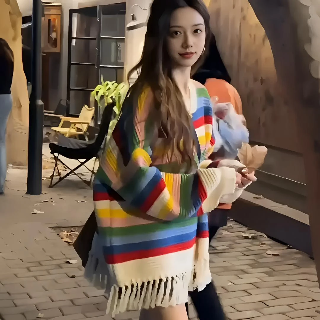 TANGSU糖苏 秋冬新款设计感彩虹条纹流苏宽松显瘦流苏针织毛衣女