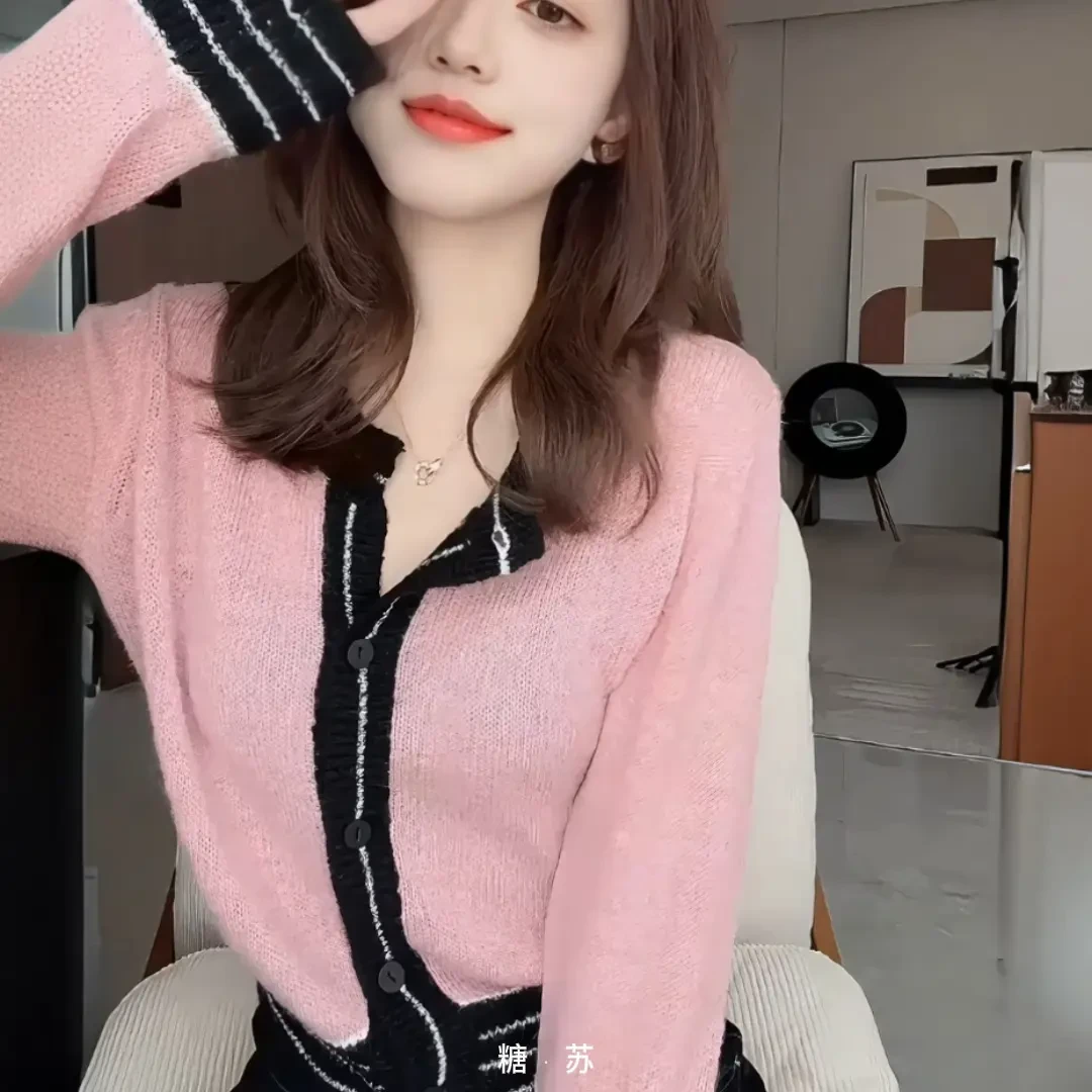 TANGSU糖苏小香风粉色针织衫柔软春秋季百搭女装短款上衣毛衣开衫