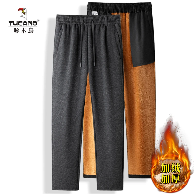 啄木鳥加绒加厚运动裤男秋冬季爸爸保暖弹力休闲裤中老年宽松高腰