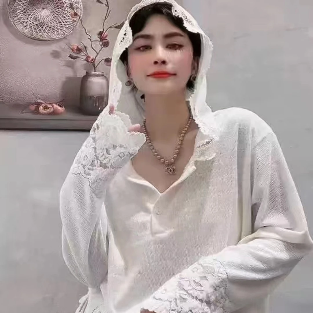 大窦窦胖妹妹慵懒风蕾丝花边拼接连帽衫甜美设计感休闲长袖T恤