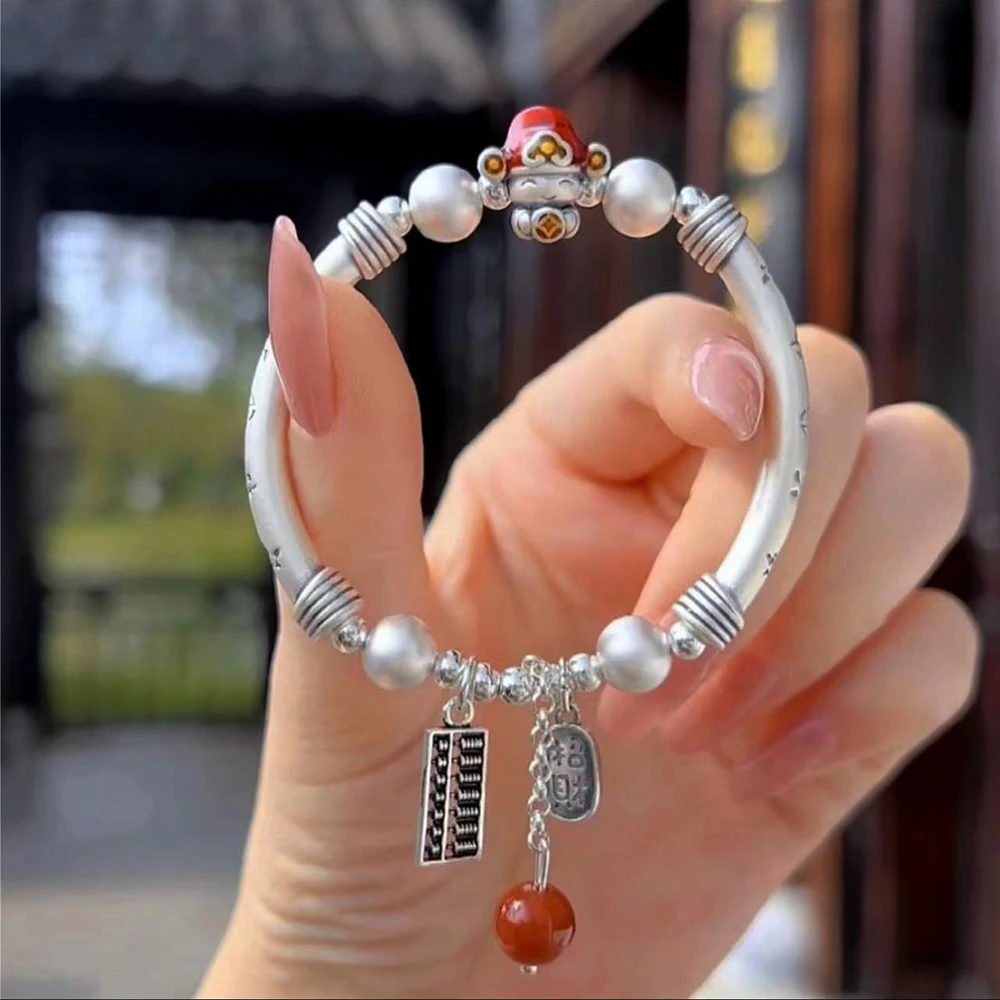 足银手链 足银999手镯弹力小财神半镯手链高级感原创设计纯银手链