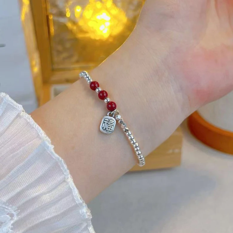 含辰砂工艺品【碎银福牌】纯银福牌手串女新中式国风复古手串礼物