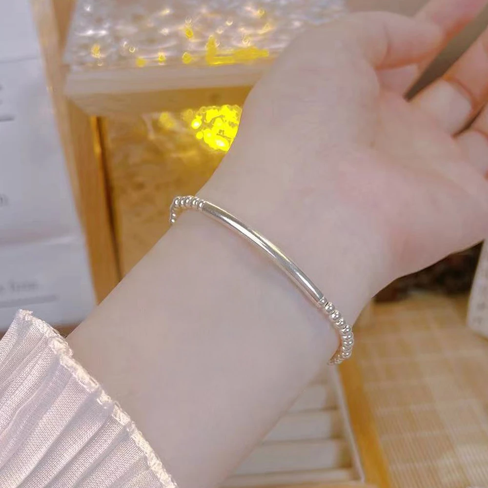 925银手链 【搭配神器】韩版纯银3mm银珠简约银管半镯银手链时尚