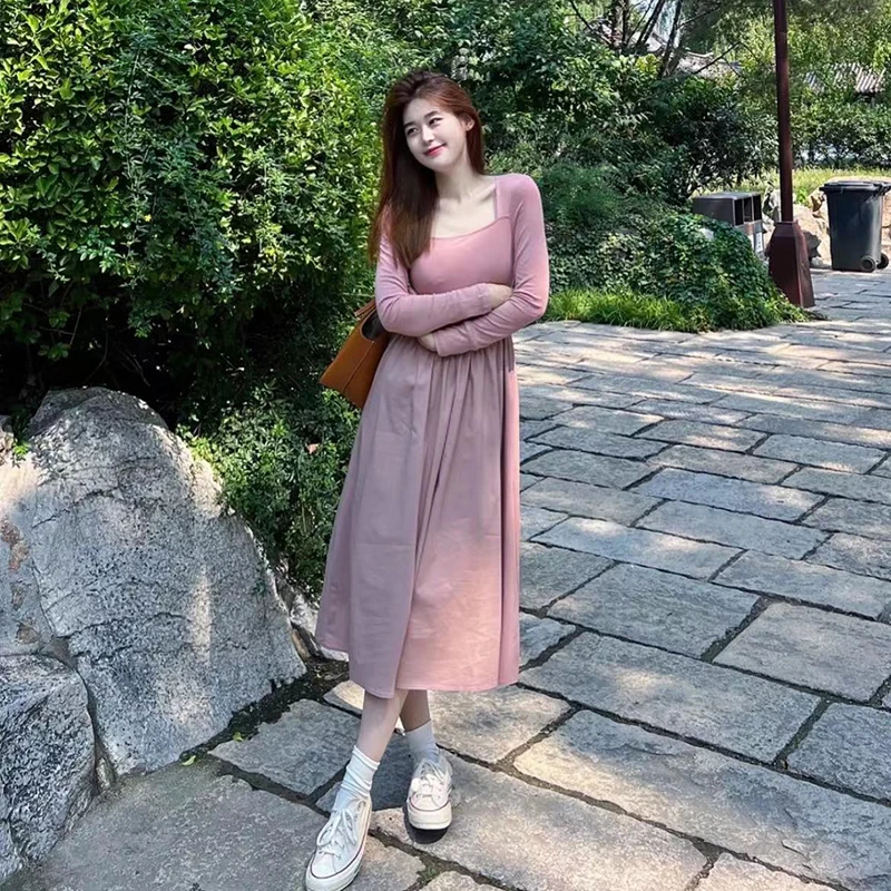针织拼接连衣裙女中长款方领修身显瘦长袖气质裙子