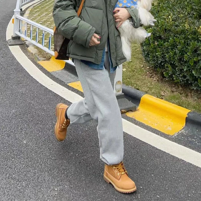 冬季加绒加厚灰色卫裤女百搭宽松BF慵懒风休闲裤子束脚运动裤