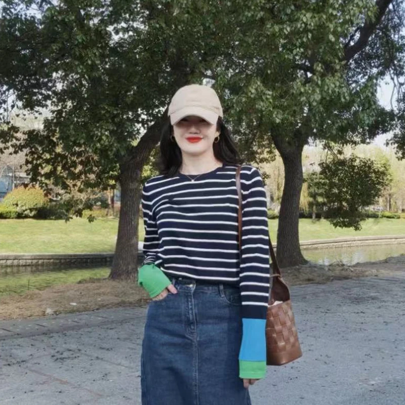 凉感撞色条纹针织衫女夏季拼色经典长袖打底衫上衣