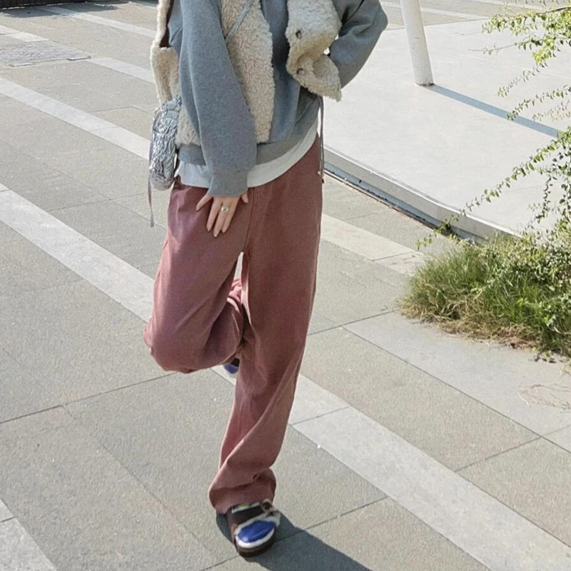 橡皮粉复古休闲牛仔裤女高腰宽松韩版休闲裤直筒百搭拖地裤