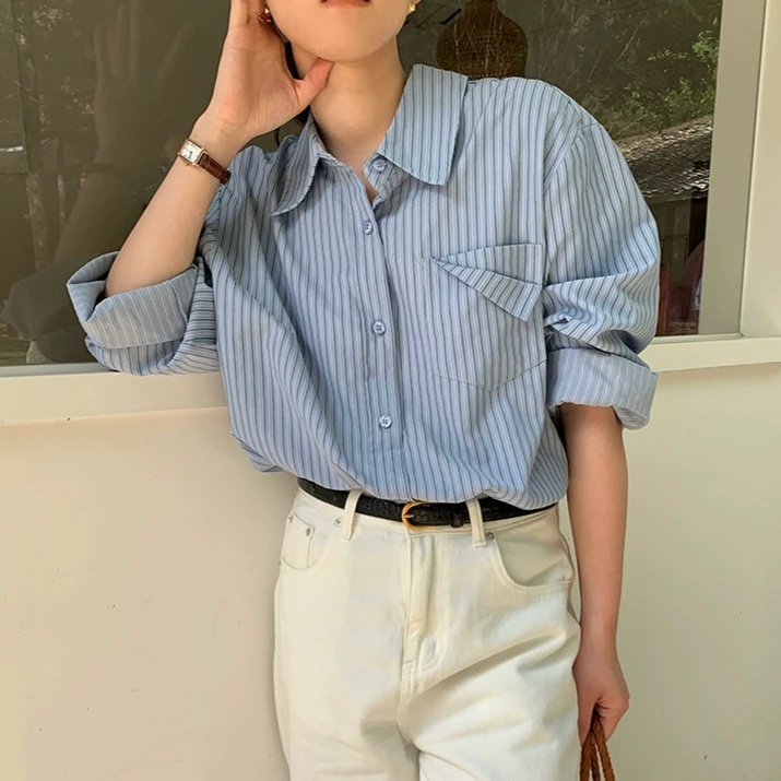 ekaso浅蓝宽松条纹上衣设计感长袖百搭上衣