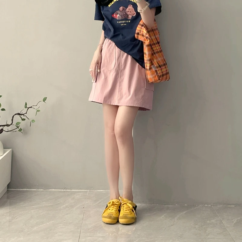 粉色工装半身裙女夏季a字裙大口袋防走光休闲百搭短裙潮