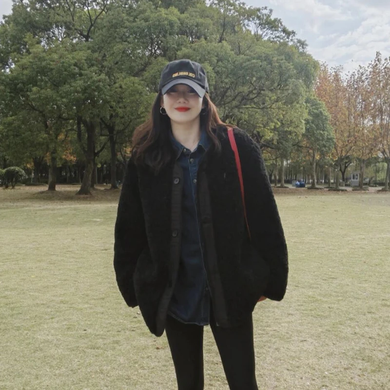 热力感 两面穿韩版宽松黑色颗粒绒棉服外套加厚外穿保暖百搭冬季