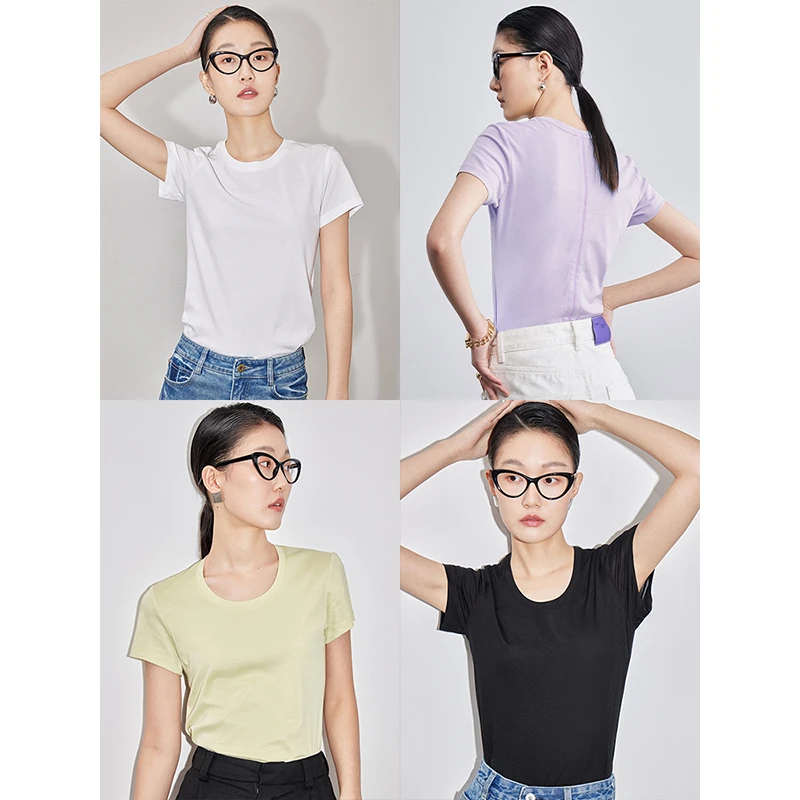 YINYOU原创设计 醋酸打底上衣简约圆领短袖T恤女修身纯色半袖夏季