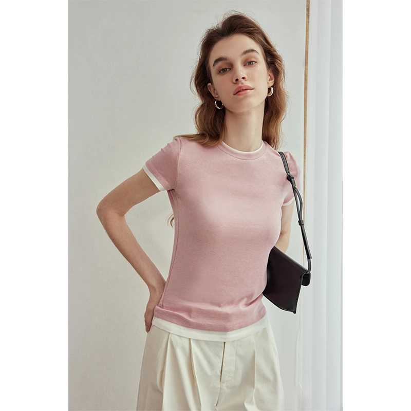 因由  弹力撞色假两件半袖T恤女