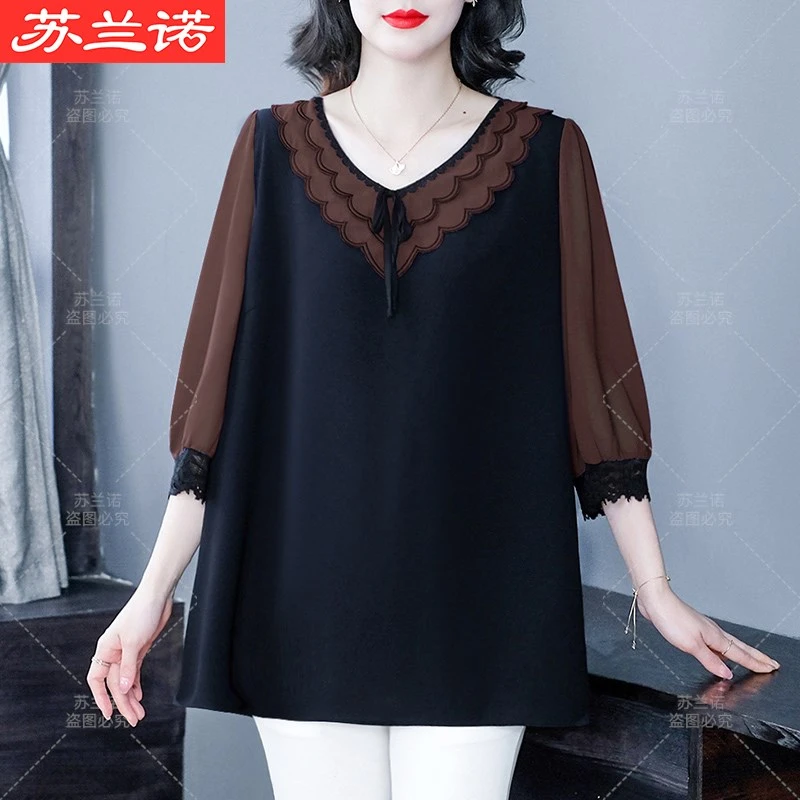 苏兰诺大码女装夏季新款时尚翻领拼接宽松显瘦中老年妈妈装240195