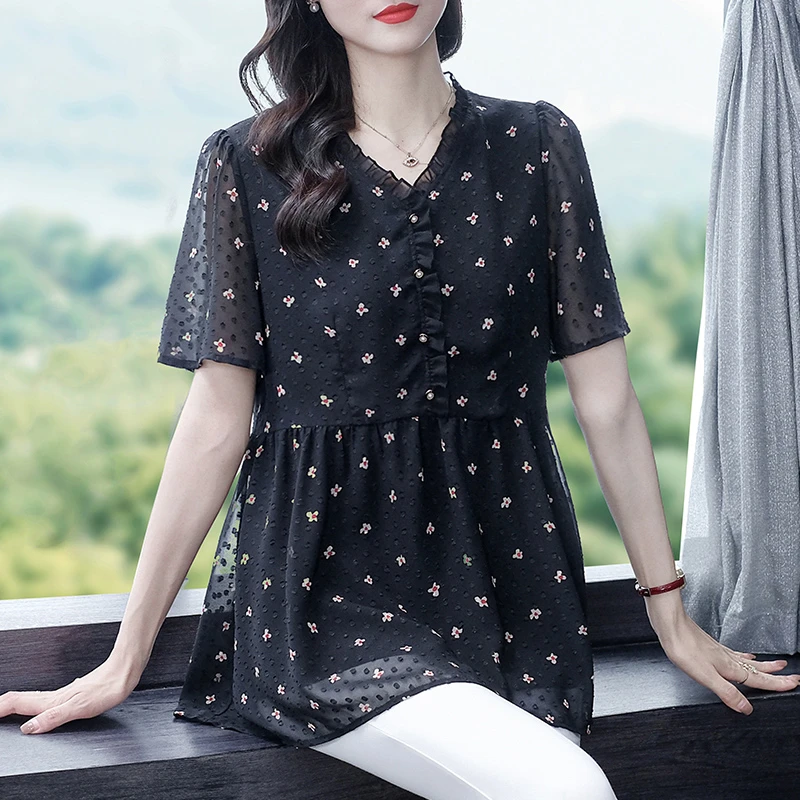 苏兰诺上档次大码女装碎花女装夏季女士气质休闲上衣229798DX减龄