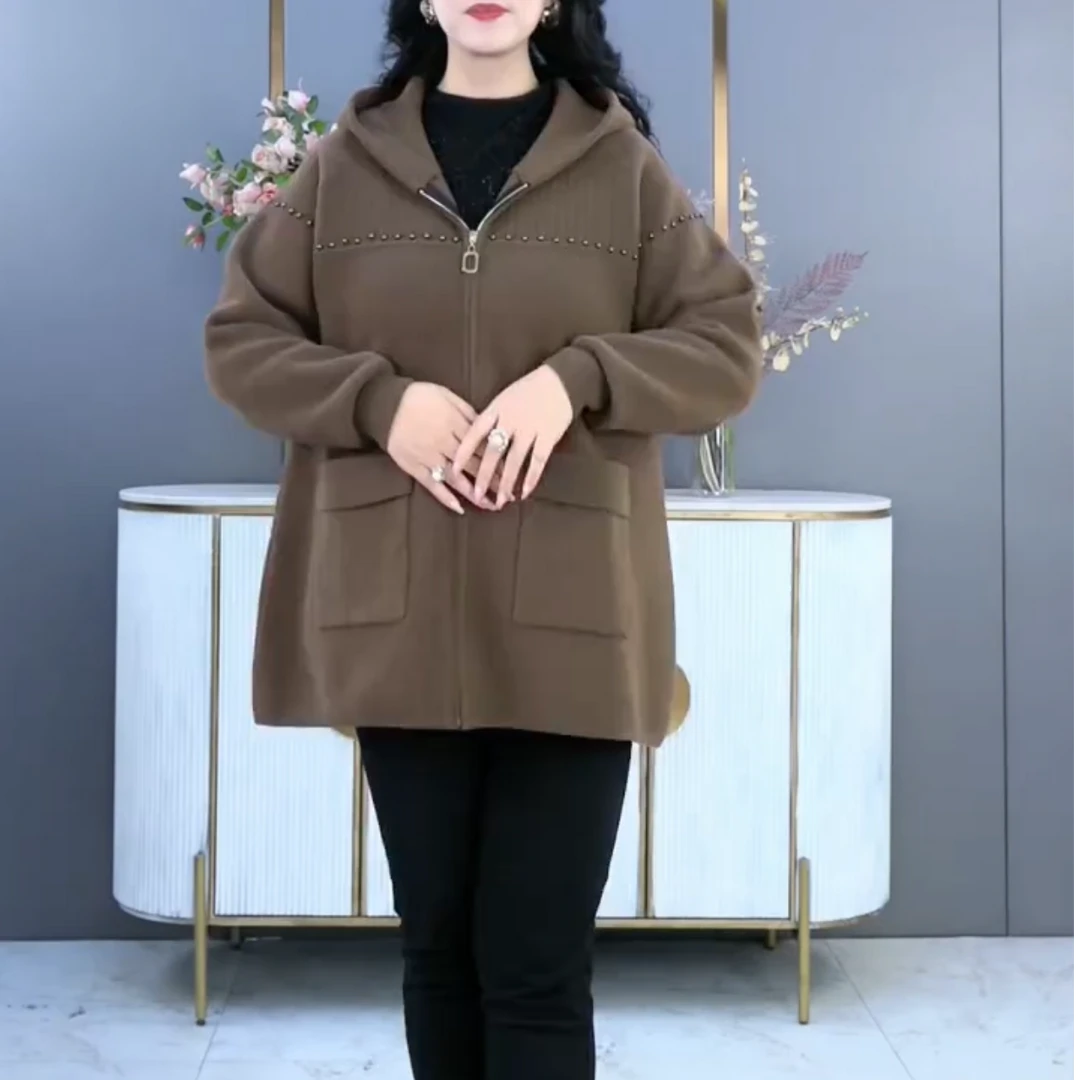 苏兰诺大码秋冬新款时尚百搭气质显瘦宽松口袋连帽拉链外套QD368