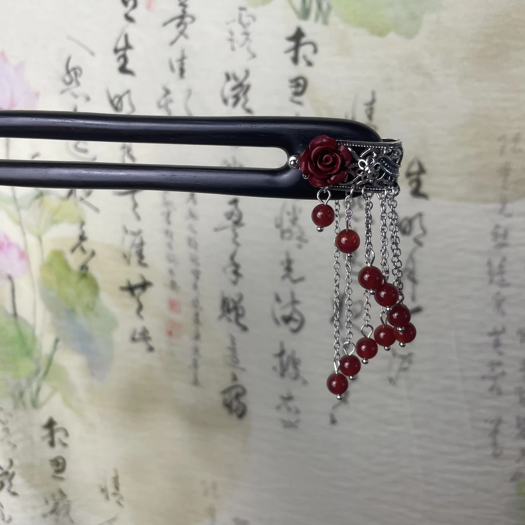 J240气质红色小花圆球发簪