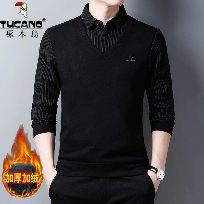 啄木鸟男士冬季加绒加厚假两件T恤商务衬衫领针织上衣保暖打底衫