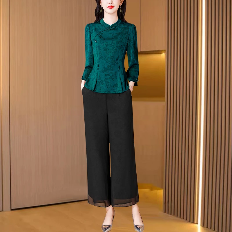 新中式国风中年妈妈装改良旗袍上衣阔腿裤套装复古盘扣时尚两件套