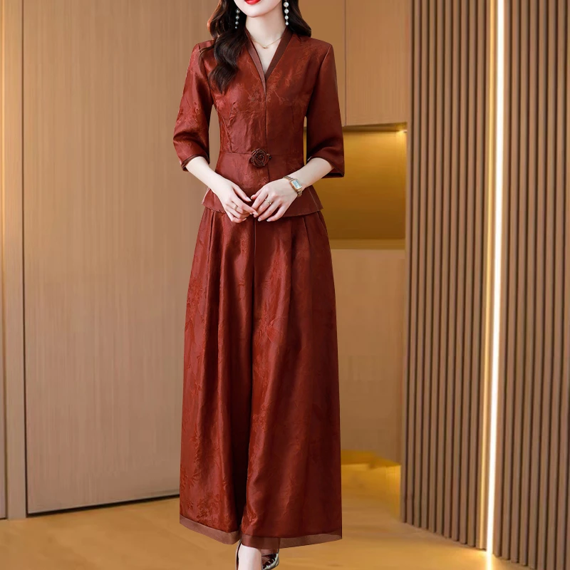 中老年妈妈夏装时尚洋气套装宽松显瘦气质复古上衣阔腿裤两件套女