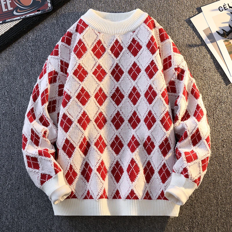 2024秋冬新款潮流加厚青年毛衣时尚休闲宽松圆领格子男款针织衫