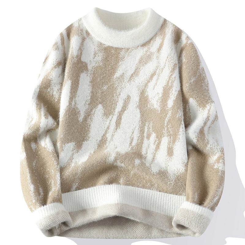 2024冬季新款水貂绒毛衣男个性拼色彩绘潮流款圆领保暖男上衣韩版