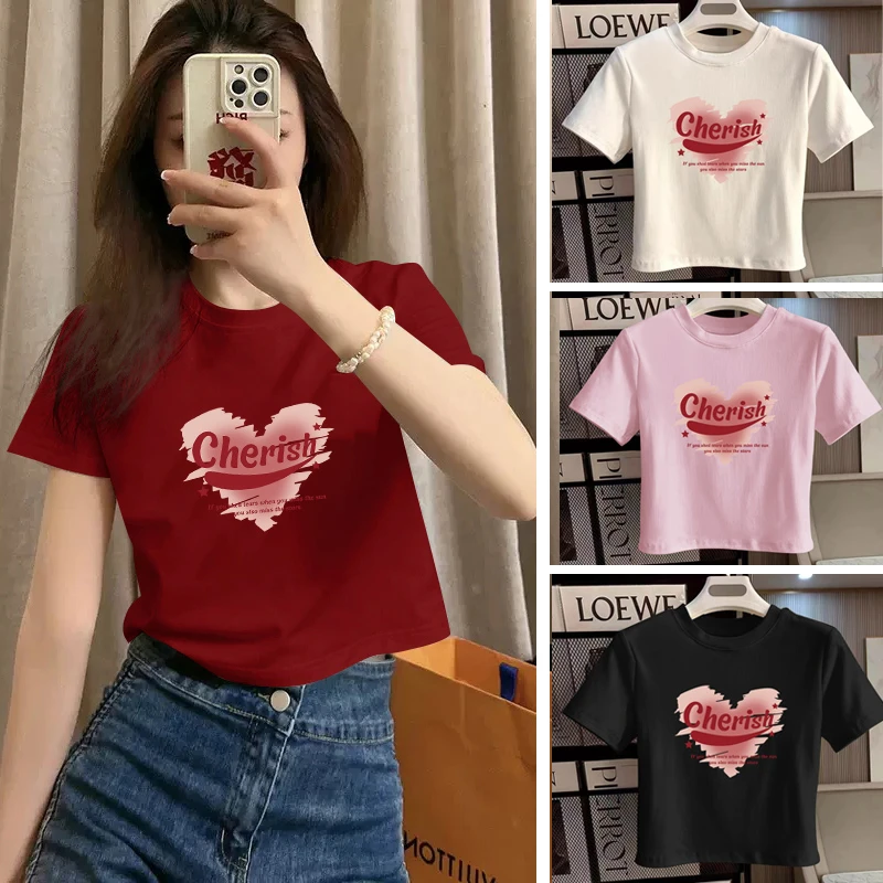 时尚夏季红色ins圆领修身高腰打底衫t恤短款半袖网红款